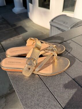 Veronica Beard Metallic Gold Buckle Toe-Loop Slide Sandals